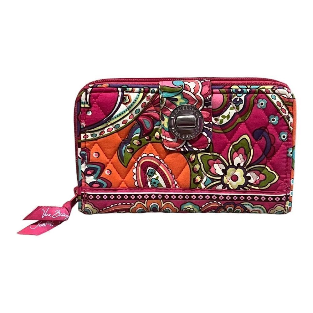 Vera Bradley Pink Swirls Turn Lock Wallet Floral Breast Cancer Pattern EUC
